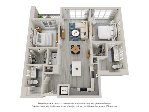 Floor plan for 2 beds, 2 baths, 1101 sqft